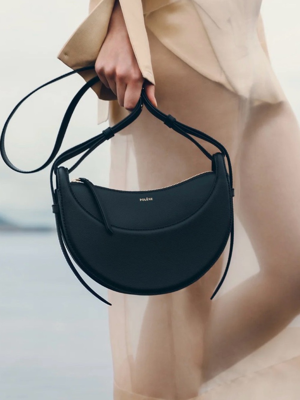 POLENE French Black Leather Crescent Shoulder Bag NUMERO DIX